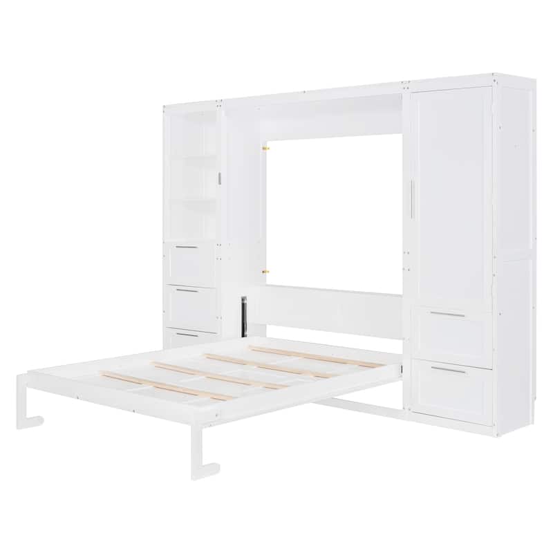 Roomfitters Queen Size Wall Murphy Bed with Closet, Shelves & Drawers