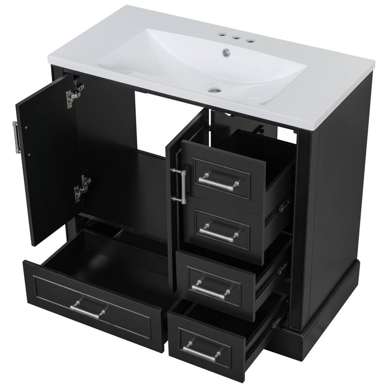 36 inch Solid Wood Traditional Bathroom Vanity with Ceramic Sink and Four Drawers