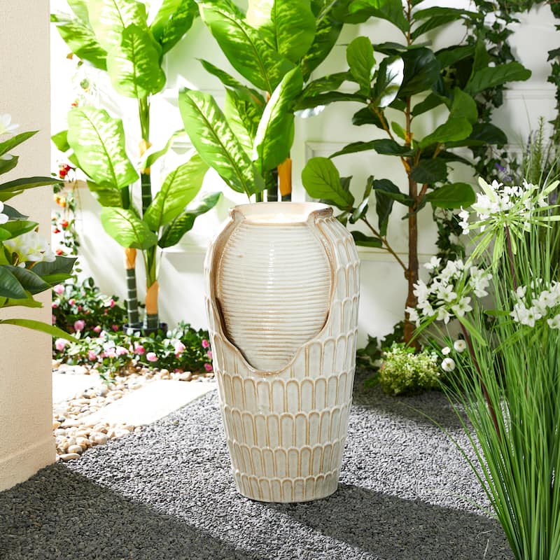 Glitzhome Oversized LED Lighted Ceramic Pot Floor Fountains for Outdoor Garden