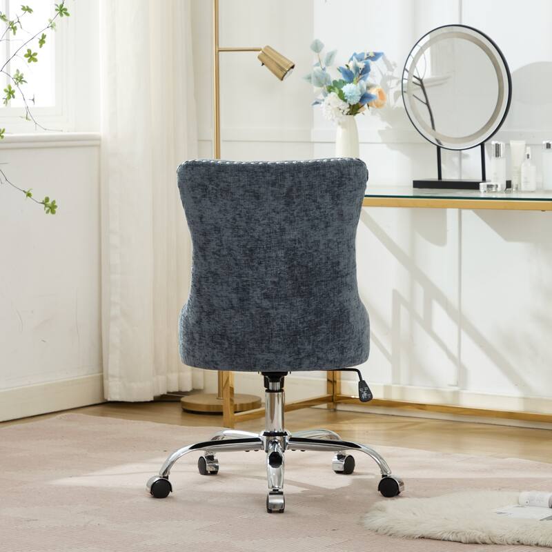 Chenille Upholstered Swivel Office Chair, Tufted Button Home Office Chair, Adjustable Vanity Chair with Metal Base
