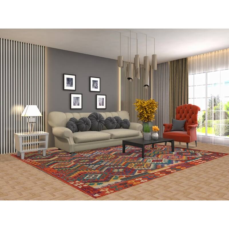 Multicolor Geometric Kilim Oriental Area Rug Hand-Woven Wool Carpet - 8'2" x 9'6"