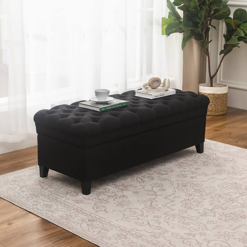 Adeco Linen Rectangle Storage Ottoman for Living Room Bedroom