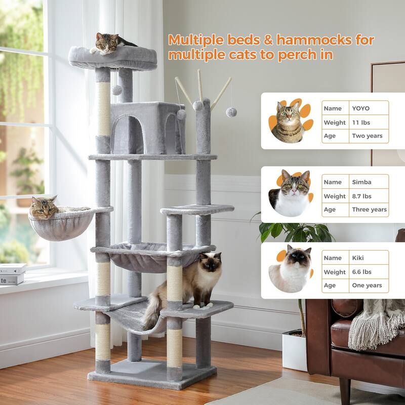 69" Tall Cat Tree Large Cat Tower with Super Big Hammock, Scratching Posts, Condo House and Large Top Perch