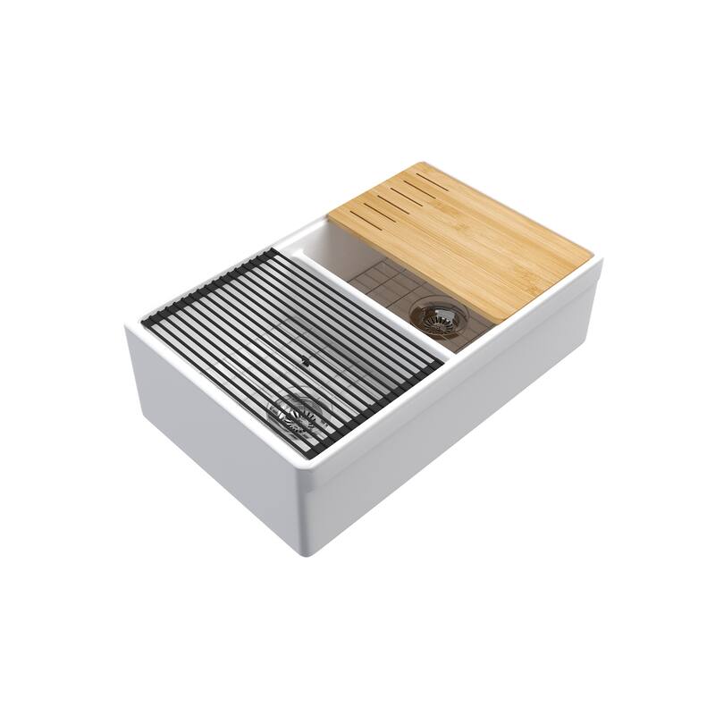 33 in. Farmhouse Double Bowl White Fireclay Workstation Kitchen Sink Complete Set - Drying Rack & Cutting Board Included