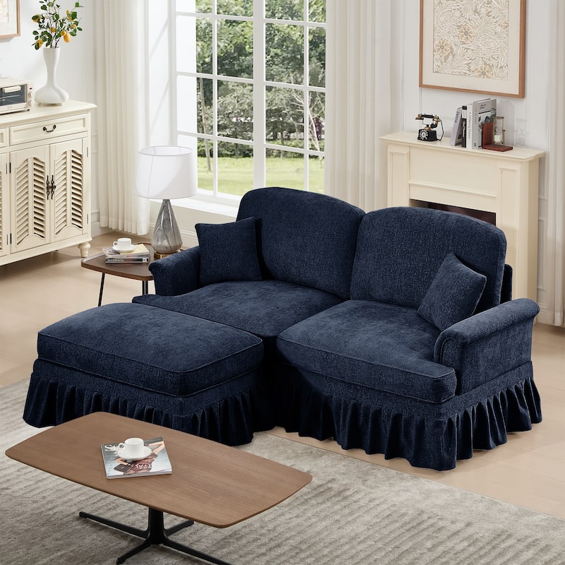 76.4" L Shaped 2-Seat Sectional Sofa, Chenille Couch with Ottoman, Flared Arms Loveseat with Removable Ruffles Pleats Skirts