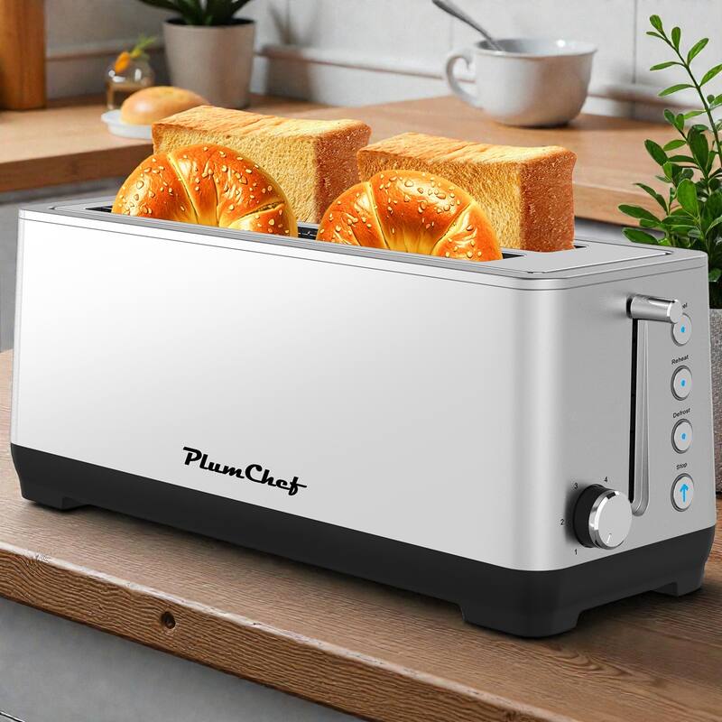4 Slice Extra Wide Long Slot Toaster, Stainless Steel 1500W Toaster with Bagel Defrost Reheat, 6 Shade