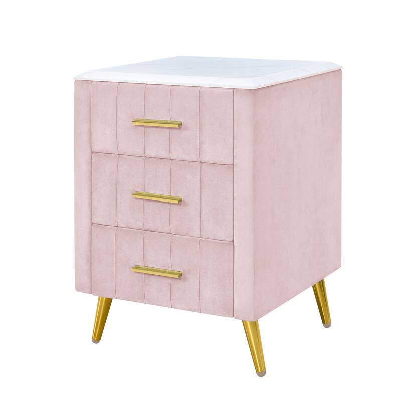 Modern Upholstered Velvet Nightstand with 3 Drawers, Metal Handles & Marbling Top - Pink