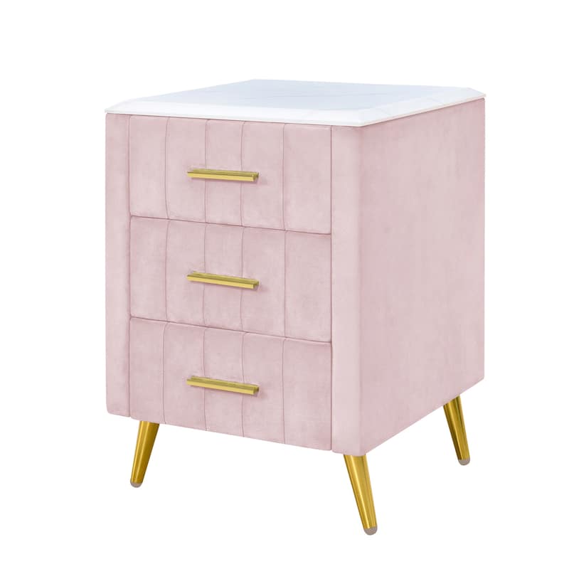 Upholstered Wooden Nightstand with 3 Drawers with Marbling Worktop