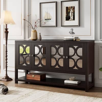 Elegant Retro Console Table with Mirrored Doors and Acacia Wood Legs for Living Room
