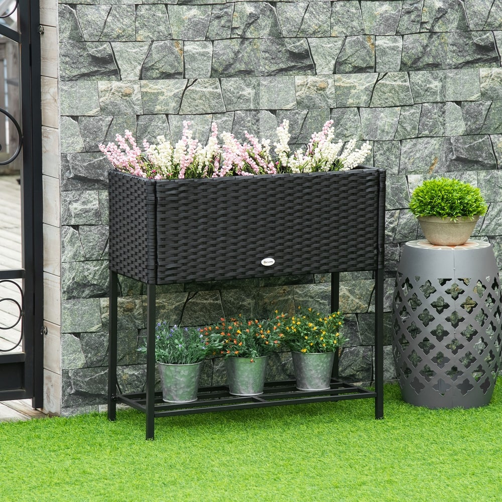 Outsunny Elevated Metal Raised Garden Bed with Rattan Wicker Look, Underneath Tool Storage Rack