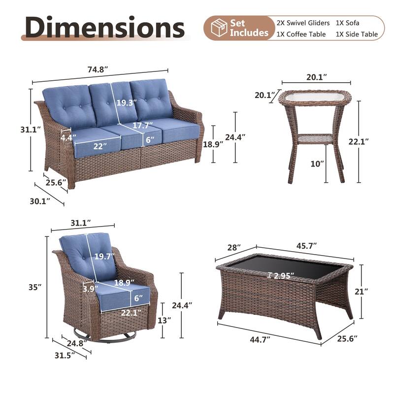 Artisan Patio Brown Wicker Sofa Conversation Set with 6-Inch Thick Cushions