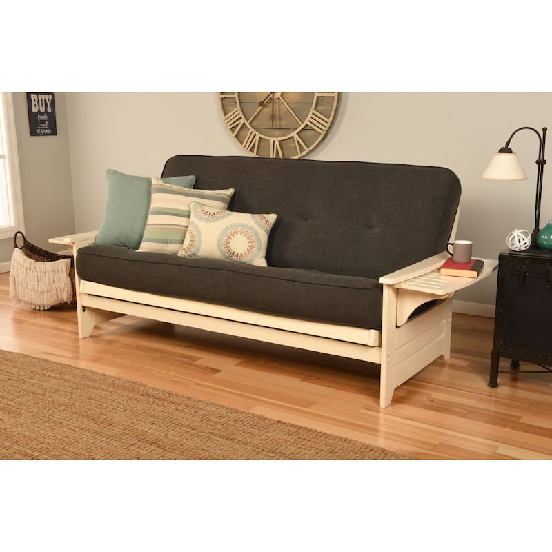 Copper Grove Dixie Futon Set in Antique White Wood with Innerspring Mattress - Linen Charcoal
