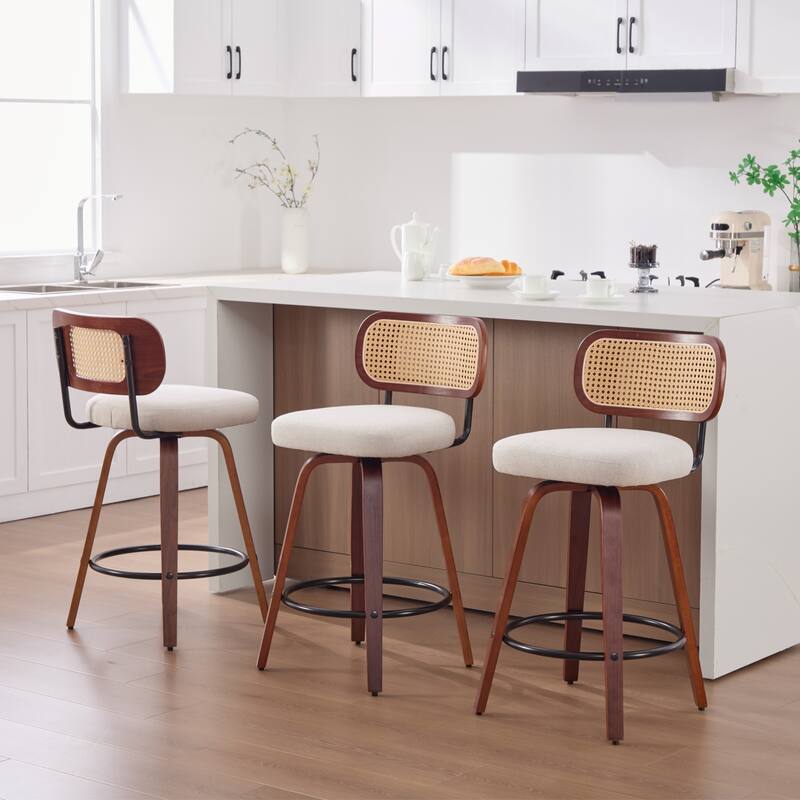 Roomfitters Upholstered Swivel Bar Stools Set of 3 with Rattan Back and Wood Legs, Modern Counter Height Dining Chairs