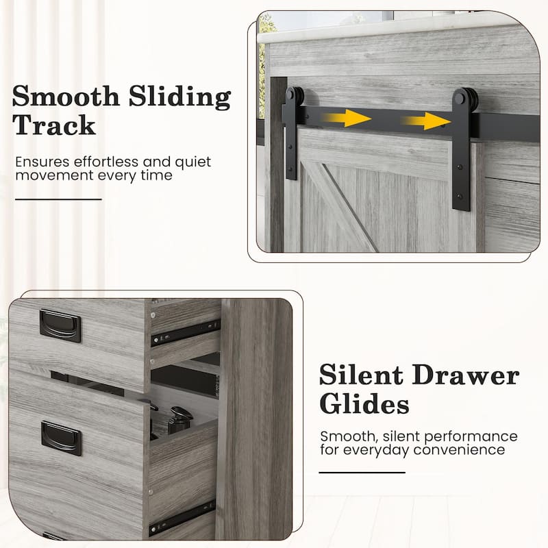 EROMMY Farmhouse Bathroom Vanity with Ceramic Top and Sliding Barn Door Sink Cabinet, Rustic Single Sink Vanity