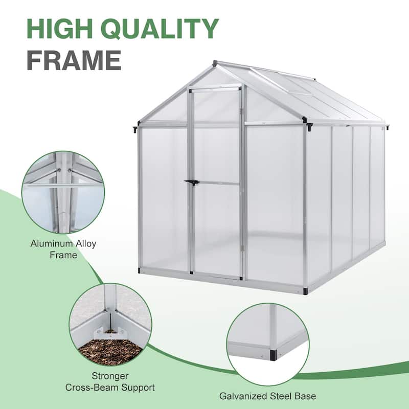 Aoodor Polycarbonate Walk-in Greenhouse with Aluminum Frame and Roof Vent