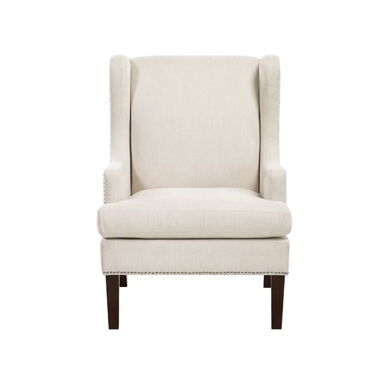 Rossana Accent Wing Armchair, Beige Polyester, Brown Wood, Nailhead