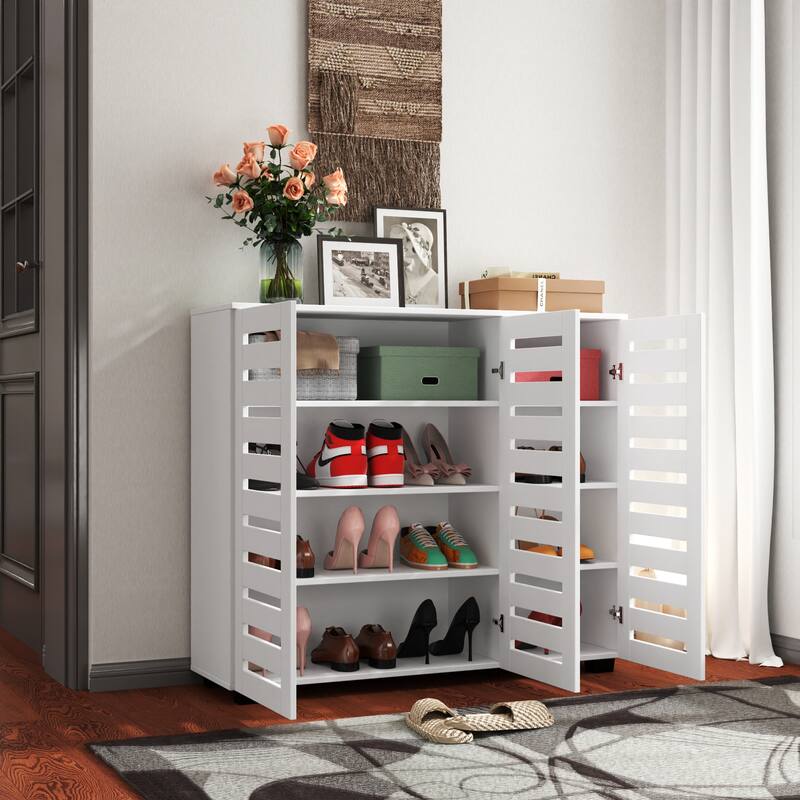 Free Standing Shoe Rack Adjustable Storage Organizer 4 Tier Shoe Rack Shelves, Shoe Cabinet with Louvered Doors - White