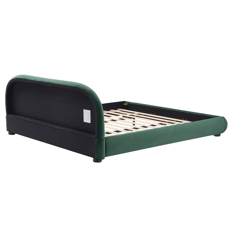 Velvet Upholstered Platform Bed with Headboard, Luxury Low Profile Bed Frame with Wood Slat Support, Grounded Bed for Apartments