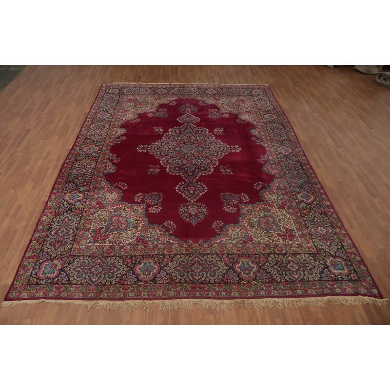 Hand Knotted Oriental 100% Wool Carpet Traditional Floral Pink Kerman Area Rug - 13' 10'' X 9' 9''