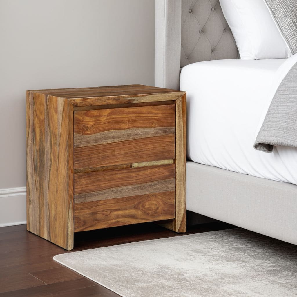 Donni Nightstand with 2 Drawer, Brown Sheesham Wood Finish, 24 Inch