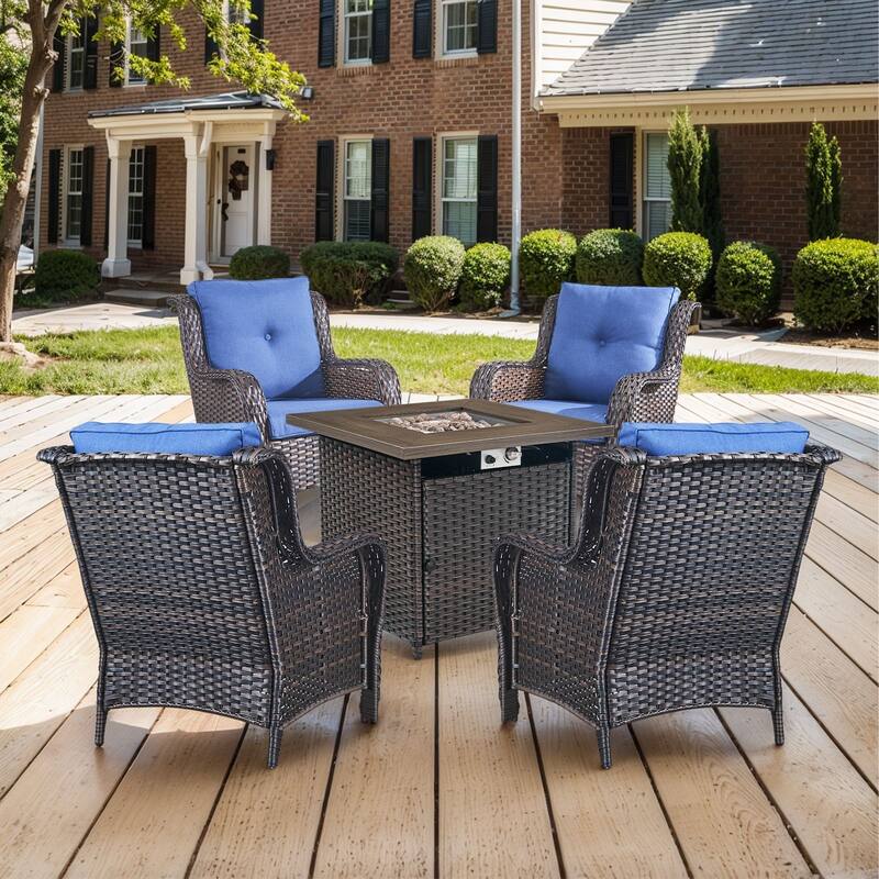 Gymojoy 5-Piece Outdoor Wicker Patio Furniture with Fire Pit Table, Rattan Coversation Set with Water Resistant Thick Cushions - Brown Wicker / Blue Cusion - 5-Piece