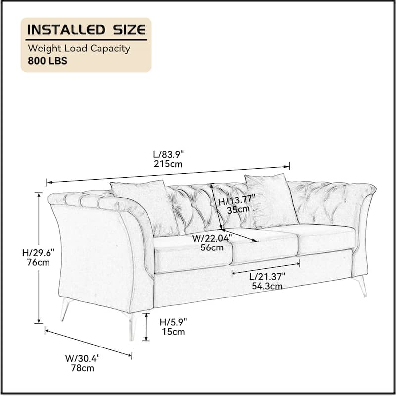 Mid-century Velvet Fabric Tufted Chesterfield 3-Seater Sofa