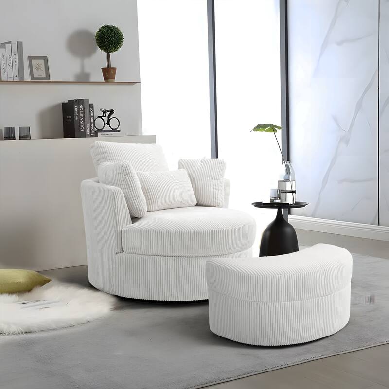 Chenille/Boucle Swivel Barrel Chair with Storage Ottoman