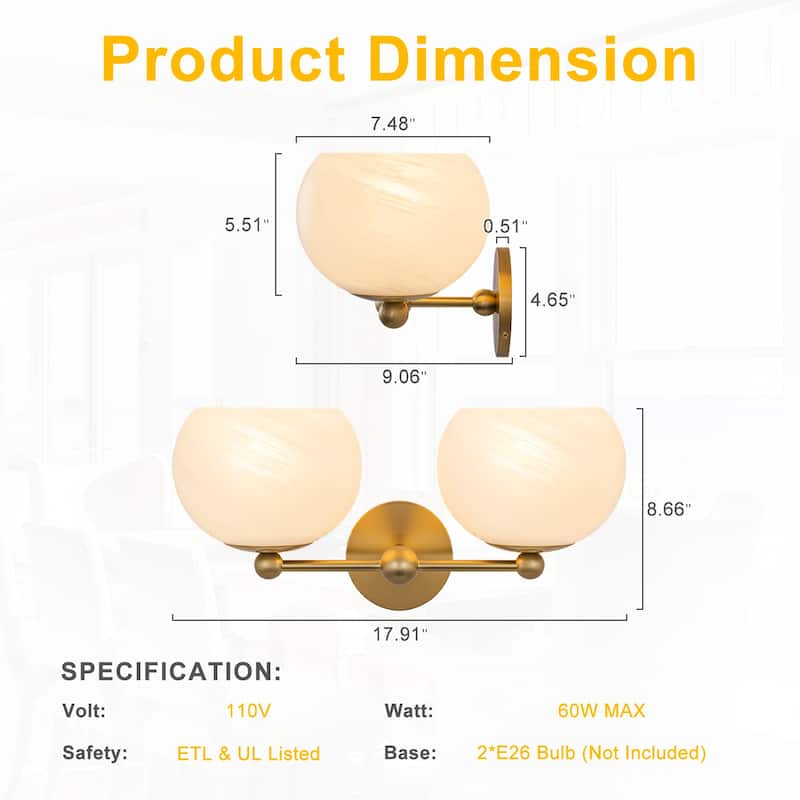 2-Light Gold Double-Globe Wall Sconce Cloud-Pattern Glass Shades