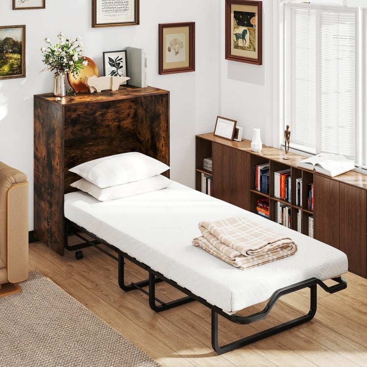Rustic Brown Metal Murphy Bed with Memory Foam Mattress Convertible Storage Cabinet