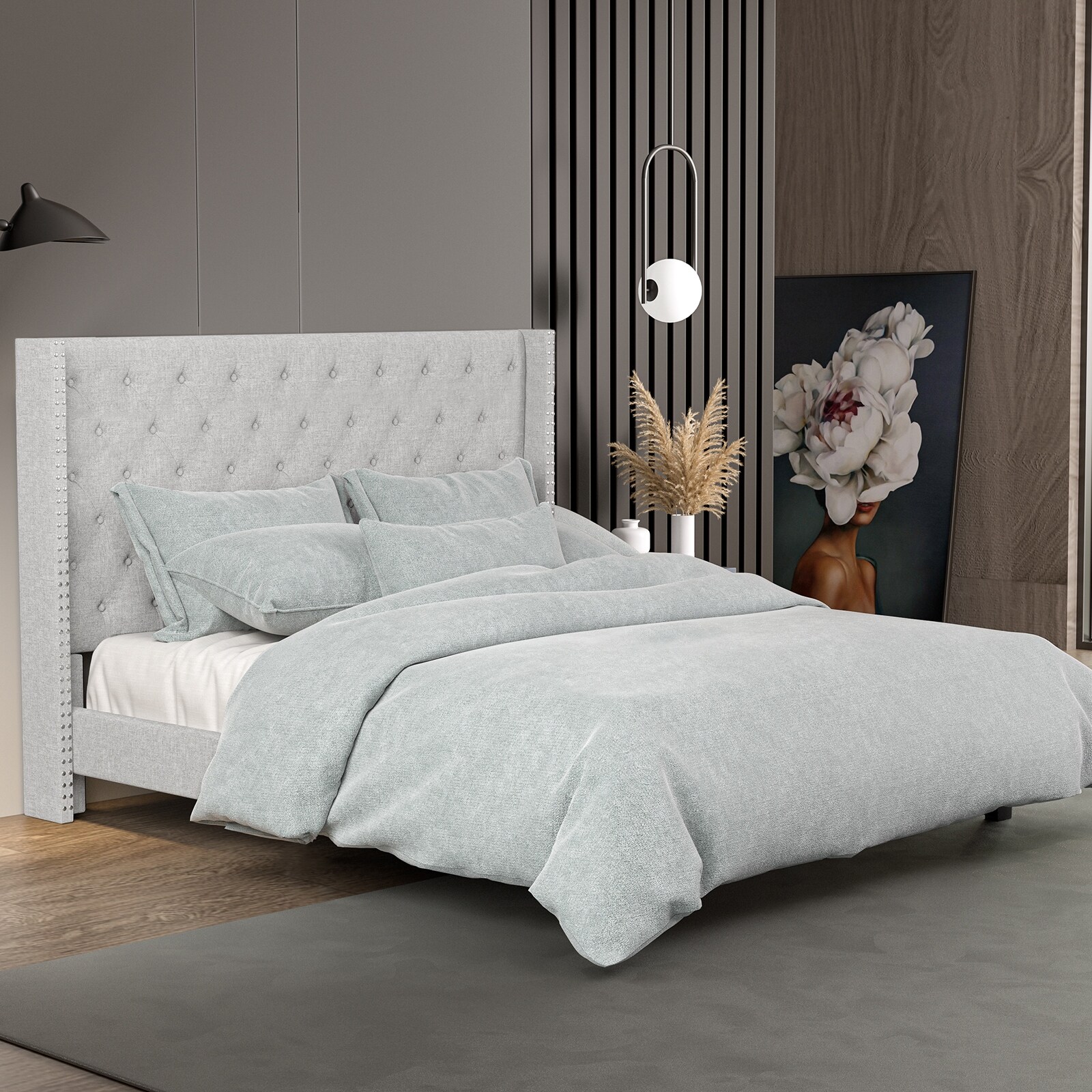 Upholstered Tufted Bed Queen Size platform bed Frame Low Profile Platform Beds with Diamond Grey