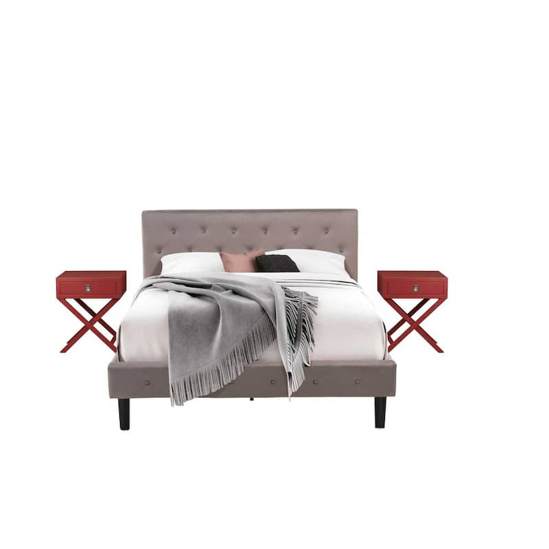 3-Piece Bed Set - Velvet Upholstered Bed Frame with Headboard & Nightstand