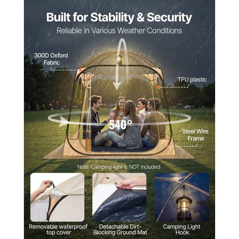 Beige-Transparent-Black Pop-Up Sport Bubble Tent 4-Side Outdoor Shelter - 72.05 × 72.05 × 76.77 in