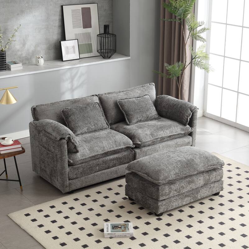 Chenille Double Sofa with Footstool, Removable Arms
