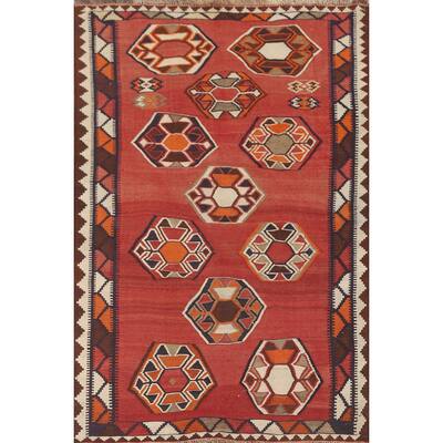 Geometric Kilim Qashqai Persian Vintage Rug Flatweave Wool Carpet - 4'3" x 6'7"