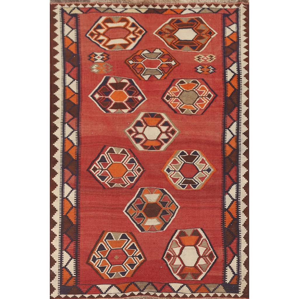 Geometric Kilim Qashqai Persian Vintage Rug Flatweave Wool Carpet - 4'3" x 6'7"