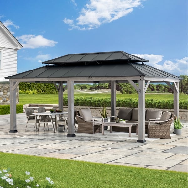 Sunjoy Outdoor Cedar Wood Frame Patio Gazebo Steel Hardtop - On Sale ...