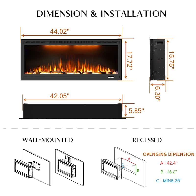 74inches Wall Mounted and Recessed Electric Fireplace,1500W/750W - 42in