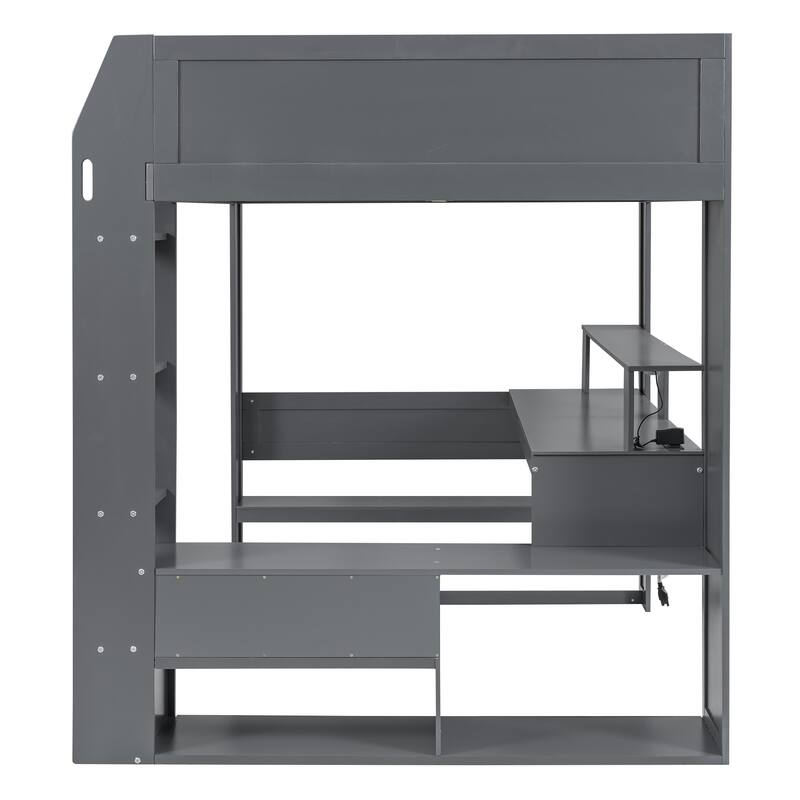 Full Size Solid Wood MDF Gaming Loft Bed with Desk, Shelves, LED, and Charging Station