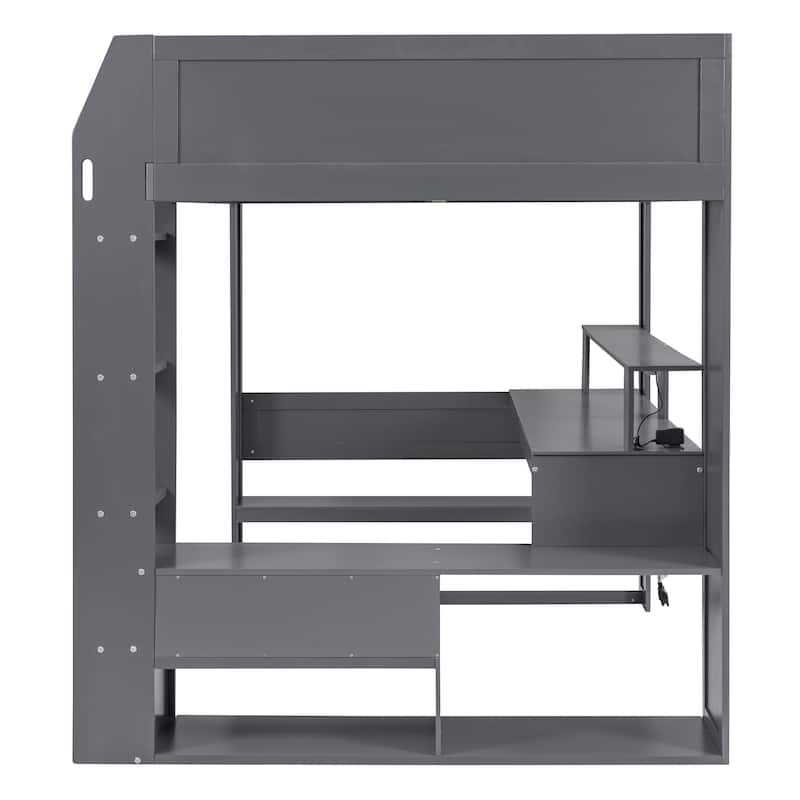 Solid Wood MDF Gaming Loft Bed with Desk and Charging Station