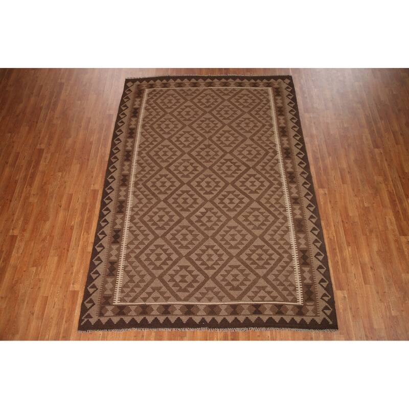 Brown Kilim Oriental Rug Flat-weave Reversible Geometric Wool Carpet - 6'9" x 9'6"