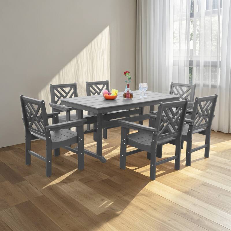 7 Piece Patio Outdoor Furniture Set, Garden Outdoor Dining Table Set with 6 Chairs, Dining Table with Umbrella Hole