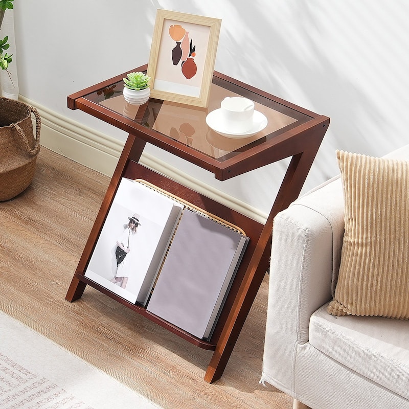 Walnut Wicker Z-Shaped Rattan Woven End Table with Removable Glass Top Suitable for Any Room - 19.7” x 14.4” x 22”