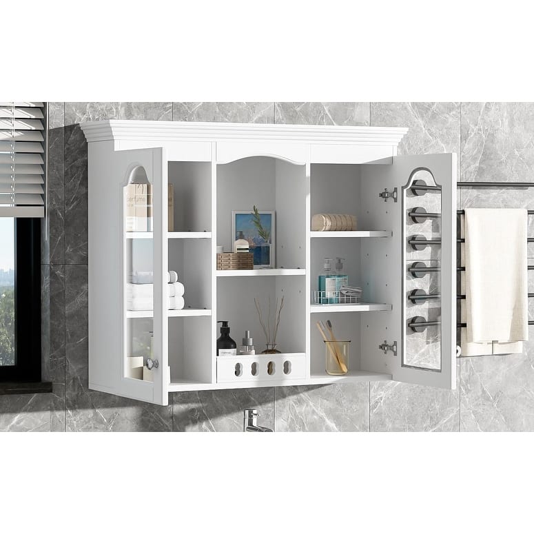Wall Mounted Bathroom Storage Cabinet, Medicine Cabinet with Glass Doors & Open Shelves, Over The Toilet Storage Cabinet