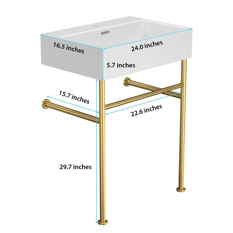 24" Console Sink for Bathroom with Overflow, White Ceramic Basin, Black Metal Legs, Includes Drain Kit