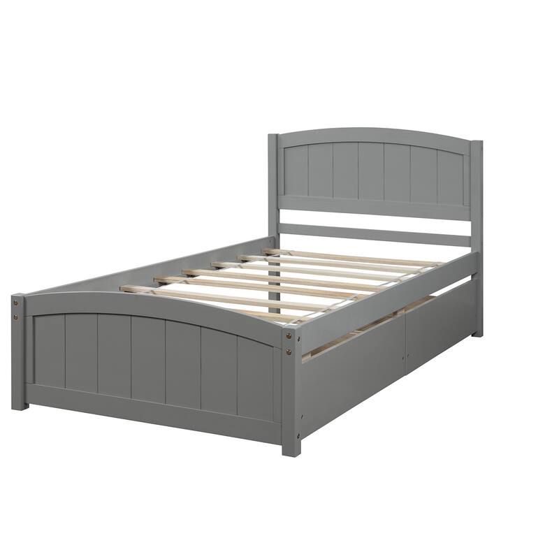Twin Size Gray Platform Bed with Two Drawers, Solid Pine Wood Frame, Minimalist Design