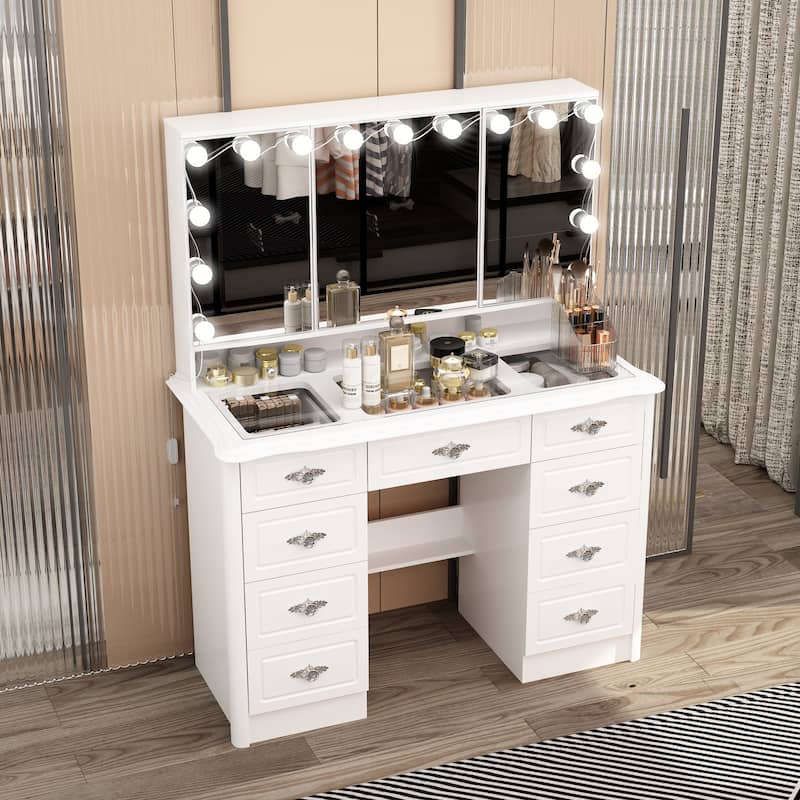 Modern White Makeup Vanity Fold Mirror Adjustable Lighting Dressing - 40.2"x54.1"