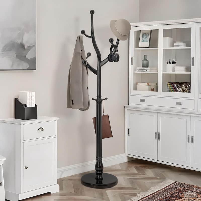 Rubberwood Coat Rack Freestanding, Entryway Coat Tree with Hooks - 74"H x 16.5"Dia