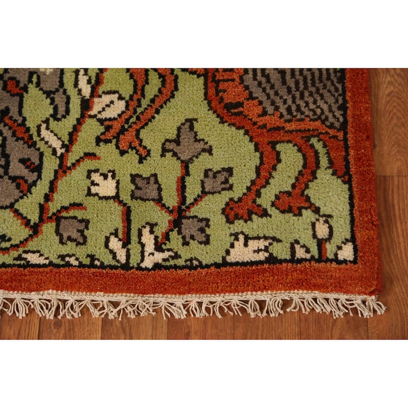 Light Green Animals Ziegler Indian Runner Rug Hand-Knotted Wool Carpet - 2'5" x 7'11"