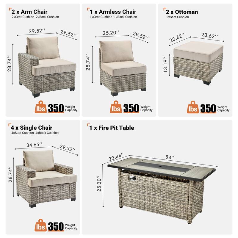 XIZZI 10-piece Patio Wicker Furniture Conversation Set with Fire Pit Table