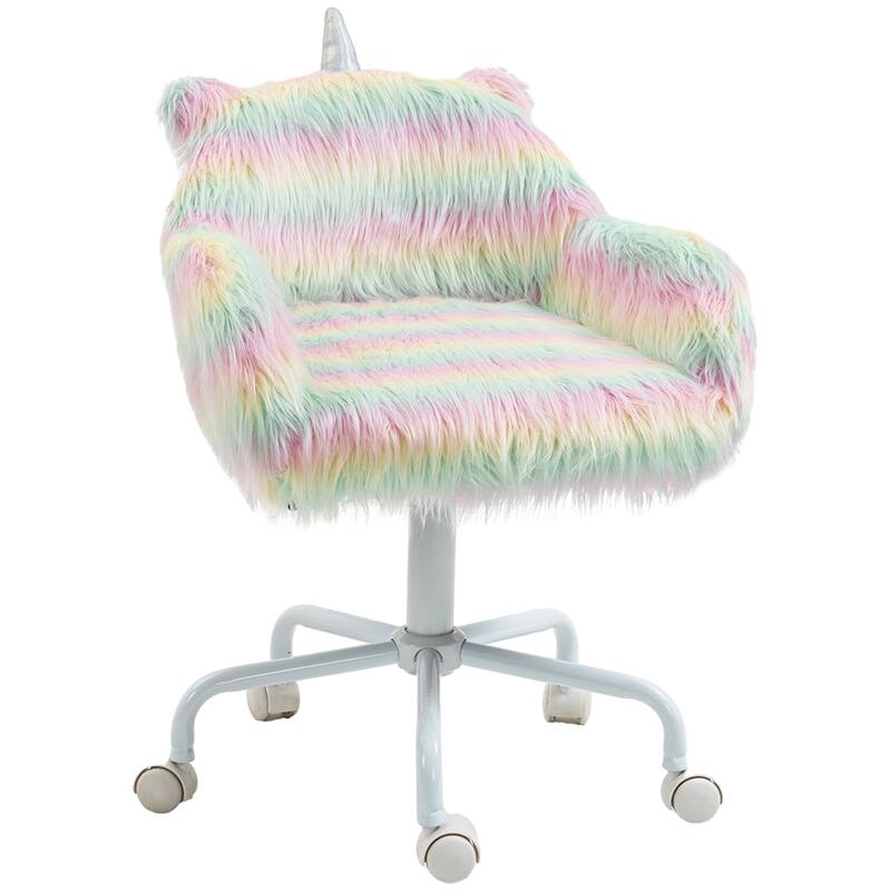 Fluffy Unicorn Office Chair w/ Armrest, 5 Star Swivel Wheel White Base
